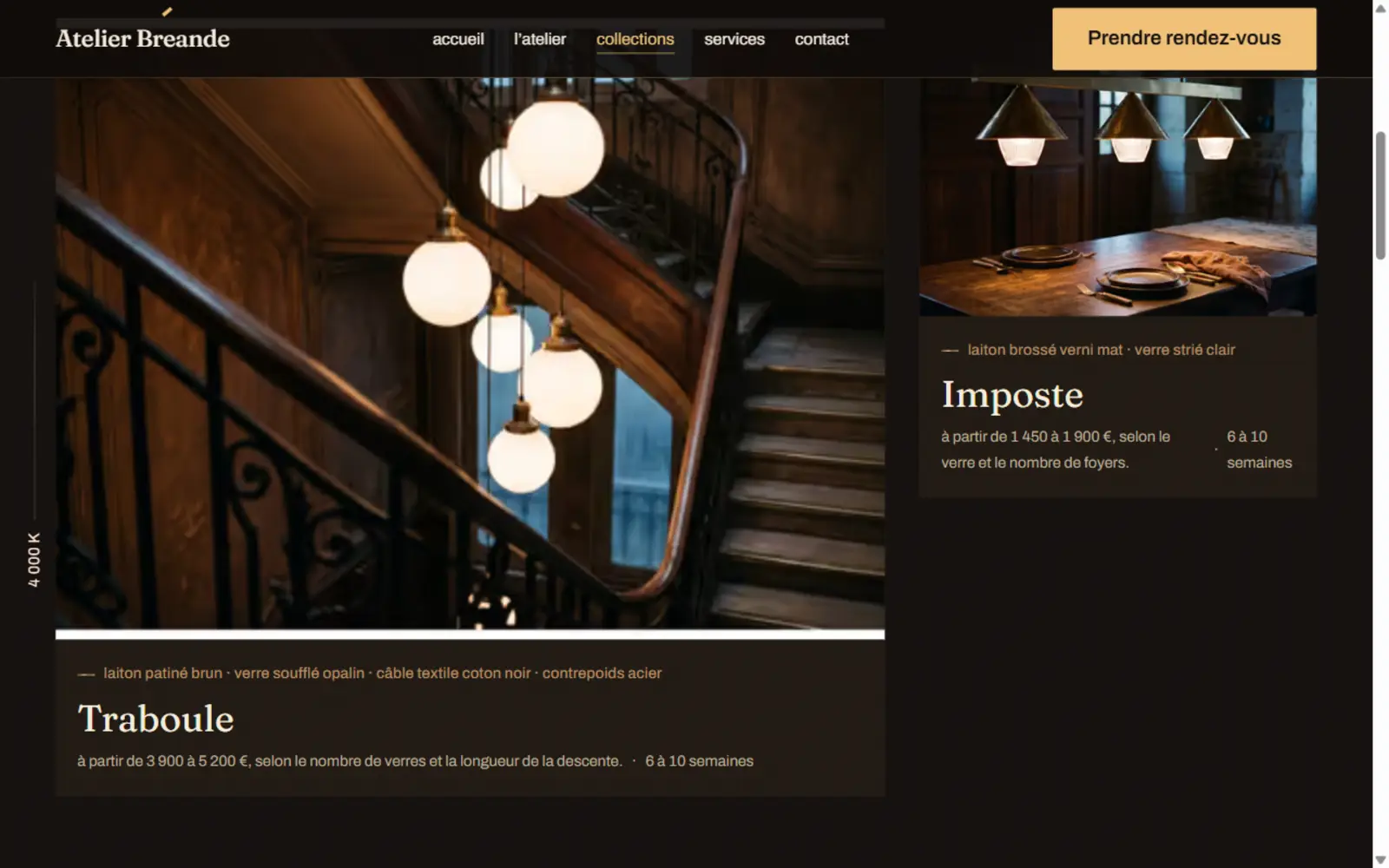 Page des collections : une grille de pièces photographiées de nuit — suspensions, lampes à poser, appliques — chacune avec ses matières, sa température de lumière et son prix de départ.