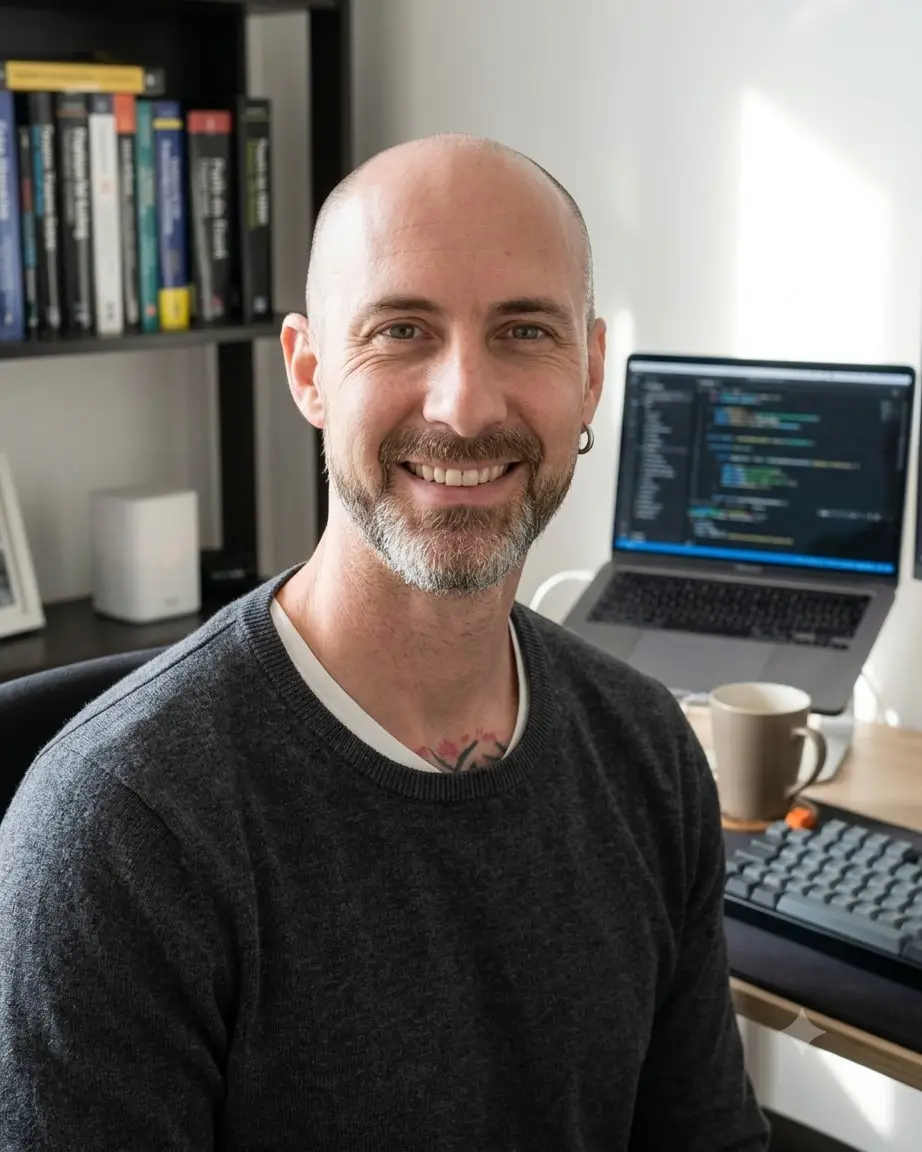 Portrait d’Arnaud Porcel, souriant, à son bureau — bibliothèque et écran allumé en arrière-plan.