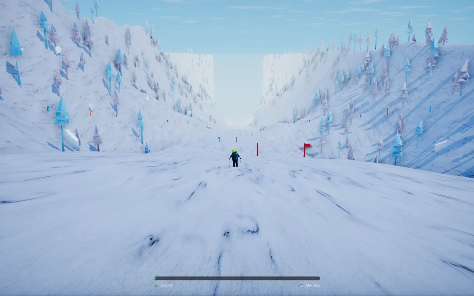 Le jeu en pleine descente : le skieur, vu de dos, approche de deux piquets de porte rouges sur une piste enneigée bordée de sapins ; en bas, la barre qui va du départ à l’arrivée.
