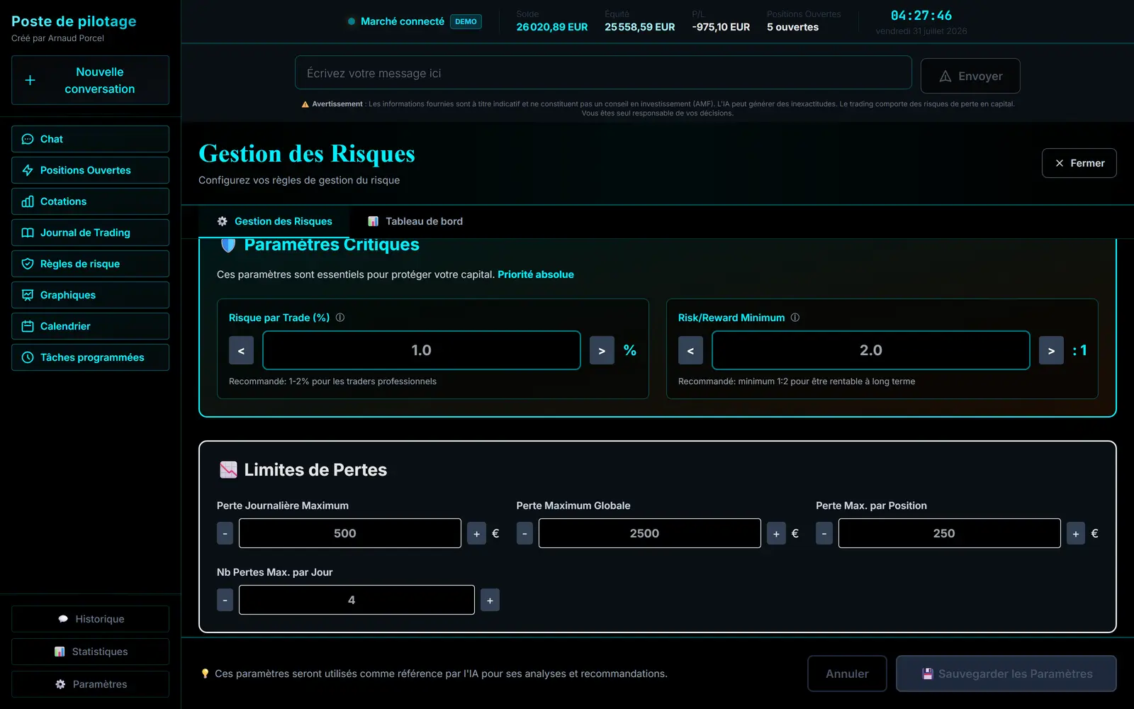 Écran de configuration des règles : deux paramètres critiques — risque par opération et rapport gain sur risque minimum —, chacun avec sa recommandation chiffrée sous le champ, puis les quatre limites de pertes renseignées.